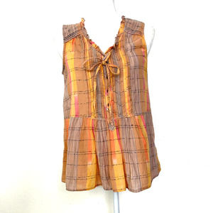 HOLDING HORSES Sleeveless Top Cotton Blend 6 Button Tie Front Spring Summer Fall